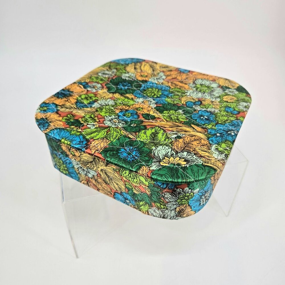 Vintage Quilted Floral Print Fabric Covered Box with Lid Square Rounded Corners